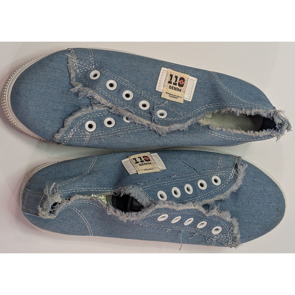 110 Denim Slip On Sneakers Women 41 Blue Good Distressed Frayed Laceless Low Top